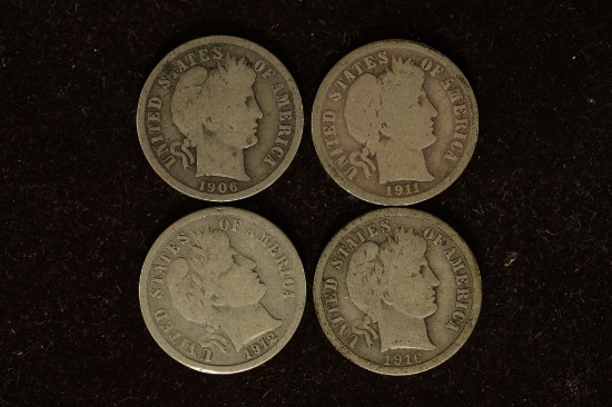 1906, 11-D, 12-D & 1916 SILVER BARBER DIMES