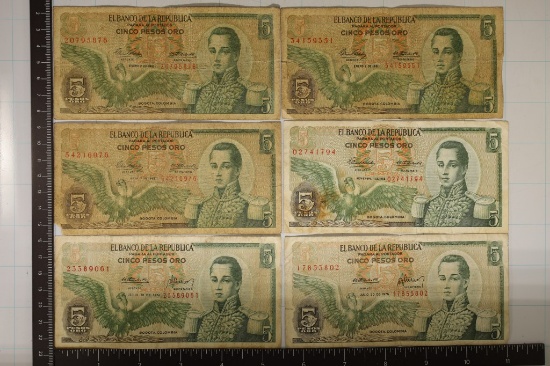 6-BOGOTA COLUMBIA 5 PESO BILLS: 2-1961,