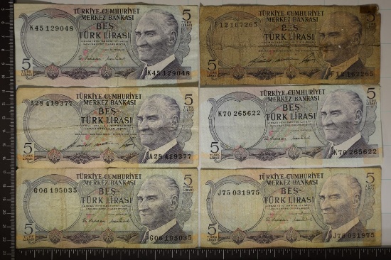 6-TURKEY 5 LIRASI BILLS: 2-1930 & 4-1970