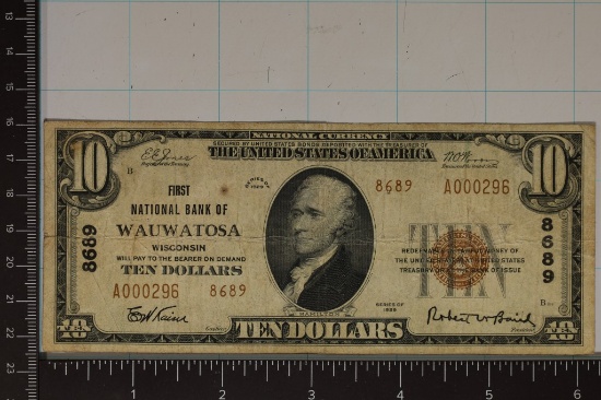 1929 WAUWATOSA US $10 NATIONAL CURRENCY LOW