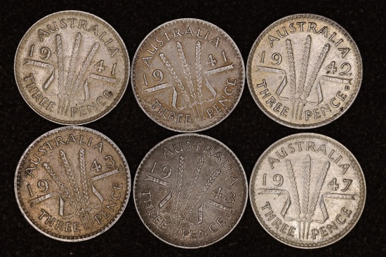 2-1941, 42, 2-1943 & 1947 AUSTRALIA SILVER 3 PENCE
