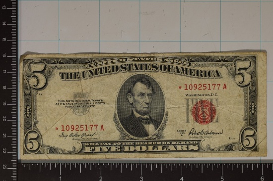 1953-A US $5 STAR NOTE, RED SEAL