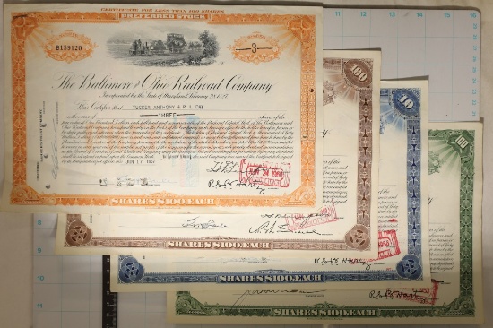 4 VINTAGE STOCK CERTIFICATES BALTIMORE AND OHIO