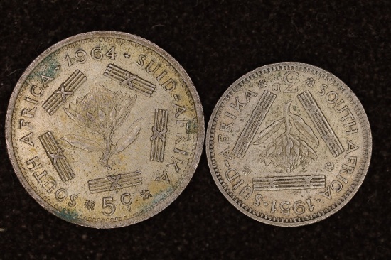 2 SOUTH AFRICA SILVER COINS: 1951 3 PENCE AND