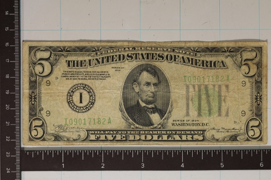 1934 US GREEN SEAL $5 NOTE