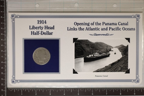 1914-S SILVER BARBER HALF DOLLAR ON INFO CARD