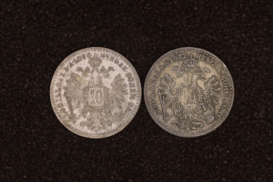 1870 & 1872 AUSTRIA SILVER 10 KRUEZERS .0434