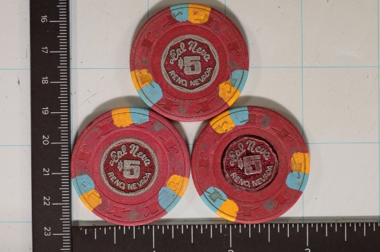 3-$5 CAL NEVA PLASTIC CASINO CHIPS RENO NEVADA