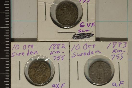 1881, 1882 & 1883 SWEDEN SILVER 10 ORE .0558