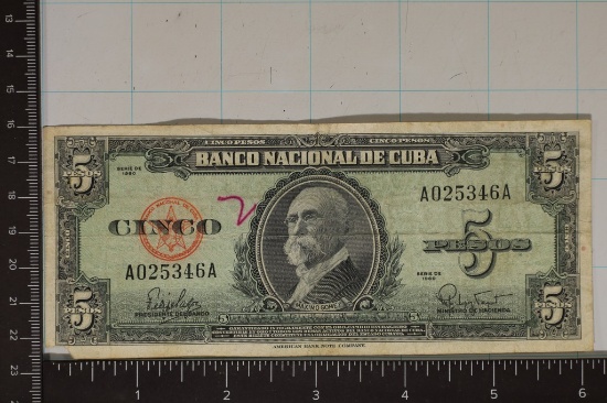 1960 CUBA 5 PESO BILL "MAXIMO GOMEZ" ONE CORNER