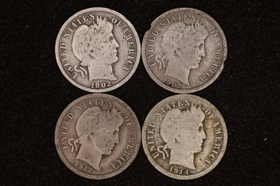 1902, 07, 12 & 1914 SILVER BARBER DIMES
