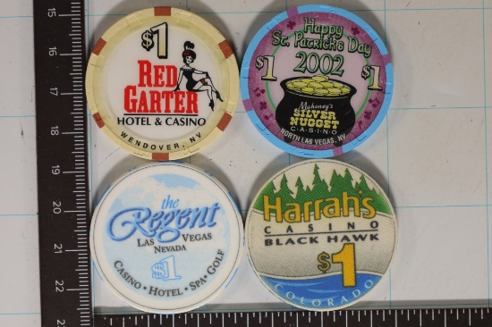 4-$1 PLASTIC CASINO GAMING CHIPS: RED GARTER HOTEL