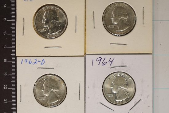 1957-D, 61-D, 62-D & 1964 WASHINGTON SILVER 1/4'S
