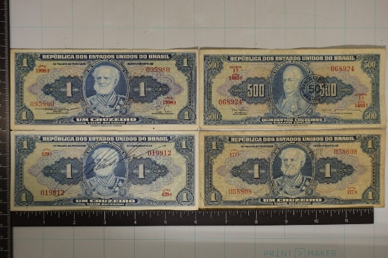 4-BRASIL BILLS: 1-500 CRUZEIROS & 3-ONE CRUZEIROS.