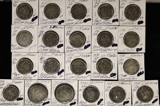 21 GREAT BRITAIN PF COINS: 16-1970 TWO SHILLING &