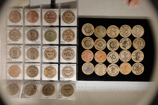 40 ASSORTED WOODEN NICKELS AS SHOWN
