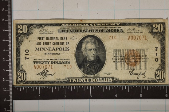 1929 US $20 NATIONAL CURRENCY OF MINNEAPOLIS, MN