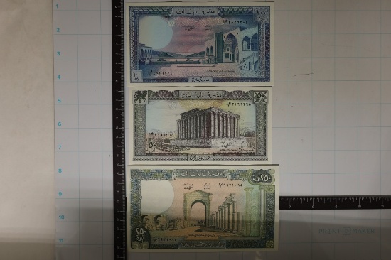 3-CRISP UNC LIBAN BILLS: 100, 50 & 250 LIVRES