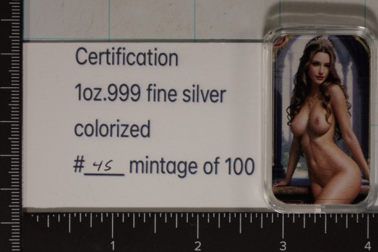 1 TROY OZ .999 FINE SILVER TOPLESS WOMAN ART BAR