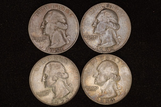 1951-S, 52-D, 53-D & 1954 WASHINGTON SILVER 1/4'S