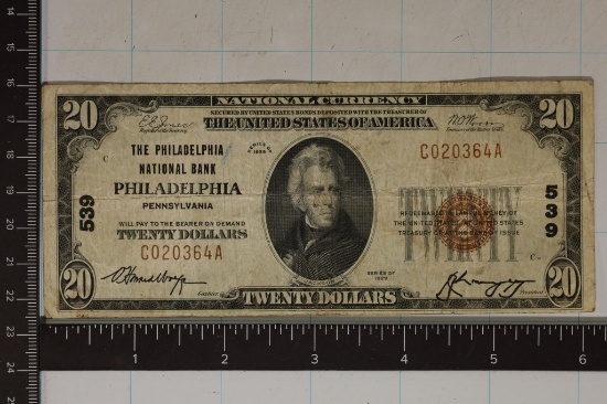 1929 BANK OF PHILADELPHIA US $20 NATIONAL CURRENCY