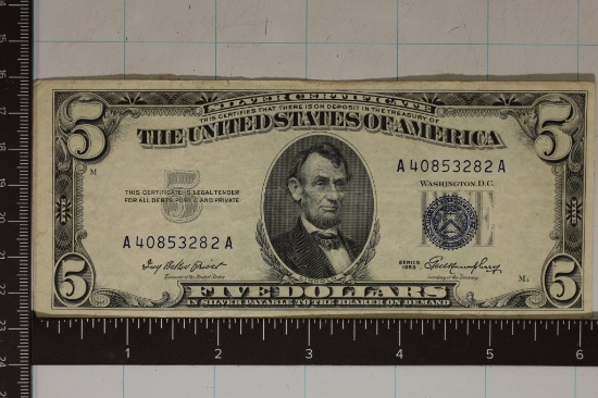 1953 $5 SILVER CERTIFICATE BLUE SEAL WITH 4 SMALL