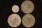 4 MEXICO SILVER COINS: 1925-20 CENTAVOS, 1957,