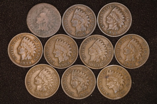 10 INDIAN HEAD CENTS: 1879, 1890, 1895 VF, 1899 FN