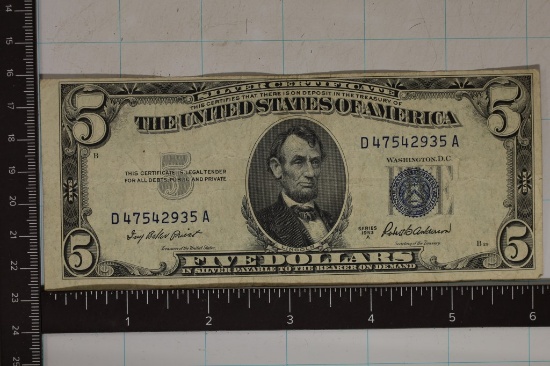 1953-A US $5 SILVER CERTIFICATE BLUE SEAL