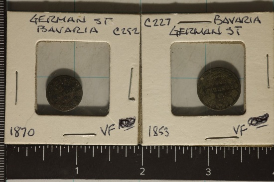 2- GERMAN BAVARIA SILVER COINS: 1870 ONE KREUZER &