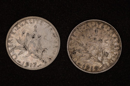 1917 & 1919 FRANCE SILVER 1 FRANCS .2684 OZ. ASW