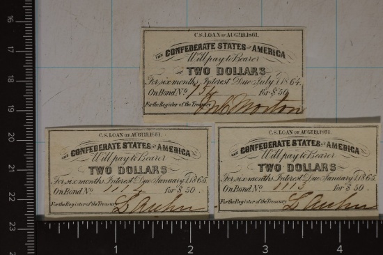 3 CONFEDERATE BOND COUPONS FROM 1867