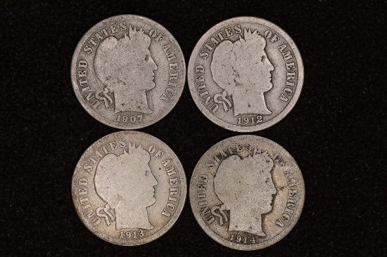 1907-D, 12, 13 & 14 SILVER BARBER DIMES