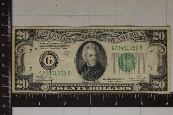 1934-C US $20 GREEN SEAL BILL WITH MARK ON LEFT