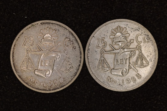 1950 & 1953 MEXICO SILVER 25 CENTAVOS .0642 OZ