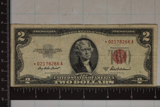 1953-A RED SEAL STAR NOTE US $2 WITH A TEAR ON