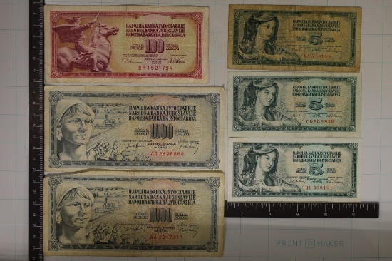 6-YUGOSLAVIA BILLS: 2-1000 DINARA, 1-100 DINARA &