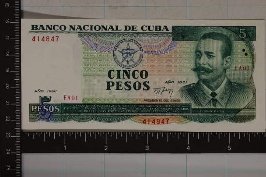 1991 CUBA 5 PESO CRISP UNC BILL "ANTONIO MACEO"