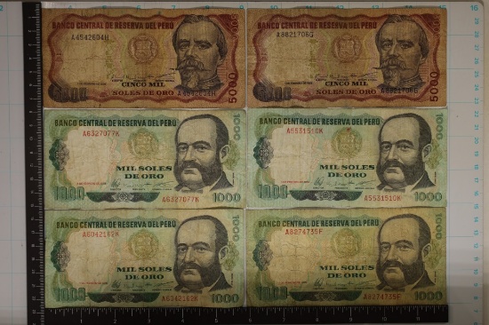 6-PERU BILLS: 4-1000 SOLES & 2-5000 SOLES
