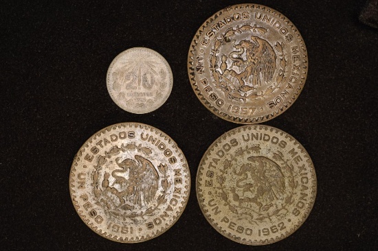 4 MEXICO SILVER COINS: 1925-20 CENTAVOS, 1957,