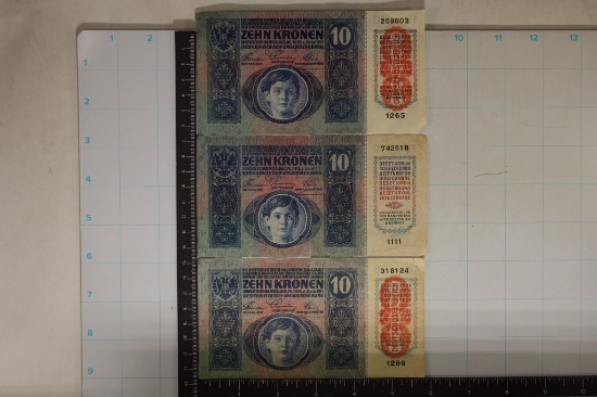 3-1915 AUSTRIAN 10 KRONEN BILLS: 1 HAS CORNER