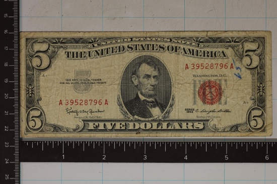1963 US $5 RED SEAL NOTE WITH INK ON IT