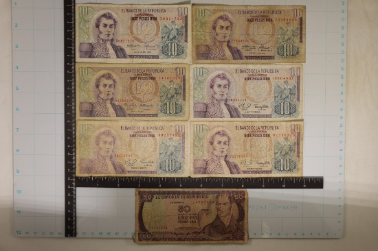 7-COLUMBIA BILLS: 6-10 PESO AND 1-50 PESO.