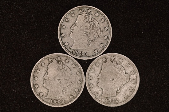 1883 NO CENTS, 1909 & 1912 LIBERTY "V" NICKELS
