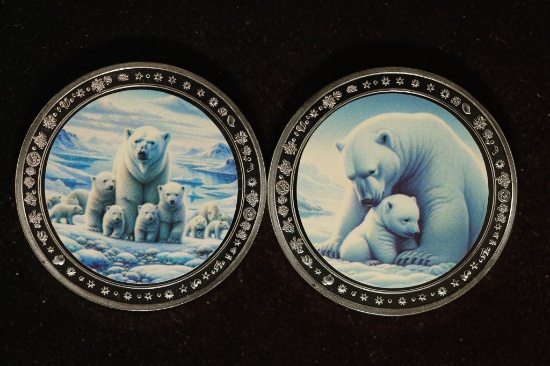 2-SILVER PLATED 1 OUNCE COLORIZED POLAR BEAR