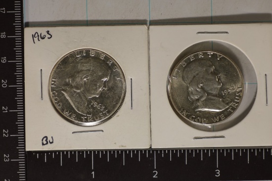 2-SILVER FRANKLIN HALF DOLLARS: 1963 BU & 1952-AU