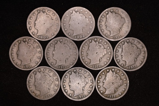 10 LIBERTY "V" NICKELS: 1901-1912