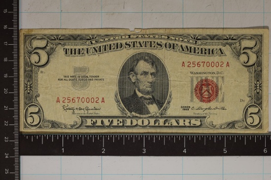 1963 US $5 US NOTE RED SEAL. SMALL CHUNK
