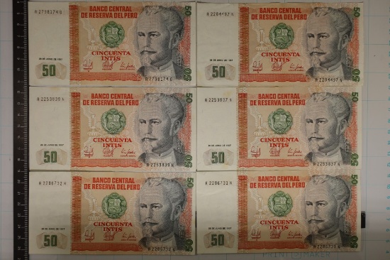 6-1987 PERU CRISP UNC 50 INTIS BILLS, 2 ARE