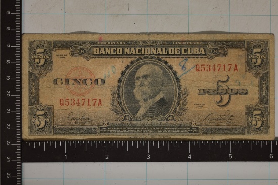1949 CUBA 5 PESO BILL WITH INK ON THE OBVERSE.